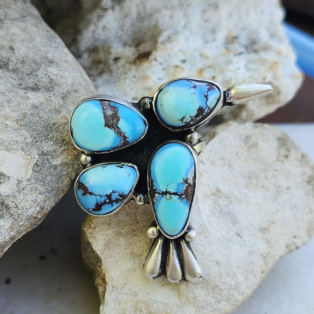 Golden Hills Turquoise Hummingbird Ring P Yazzie Navajo Sterling Signed